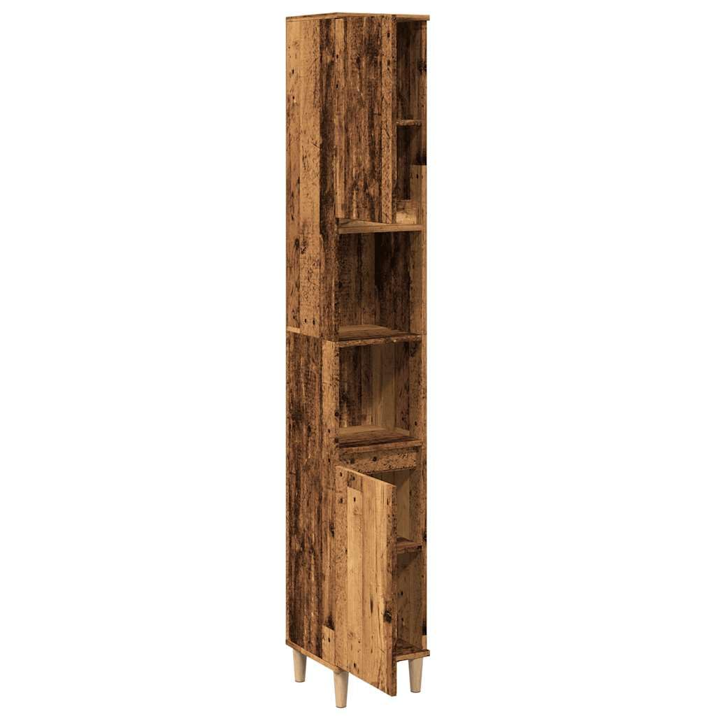Tocador de baño 30 x 30 x 190 cm, madera vieja, mueble de baño con 6 compartimentos y 2 puertas, patas de madera maciza, armario para debajo del lavabo en aspecto vintage para pequeños baños