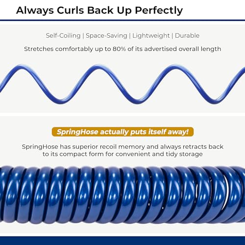 Image of SpringHose RV Premium Polyurethane Drinking Water Safe Coil Hose with Male Adapter Plug - Lightweight Recoil Garden Hose Retractable Blue Coil Garden Hose 3 /8 in by 25-Foot Made in Canada | Blue, Coiled RV Water Hose, Drinking Water Safe, Premium Polyurethane, Lightweight, Male Adapter, Made in Canada
