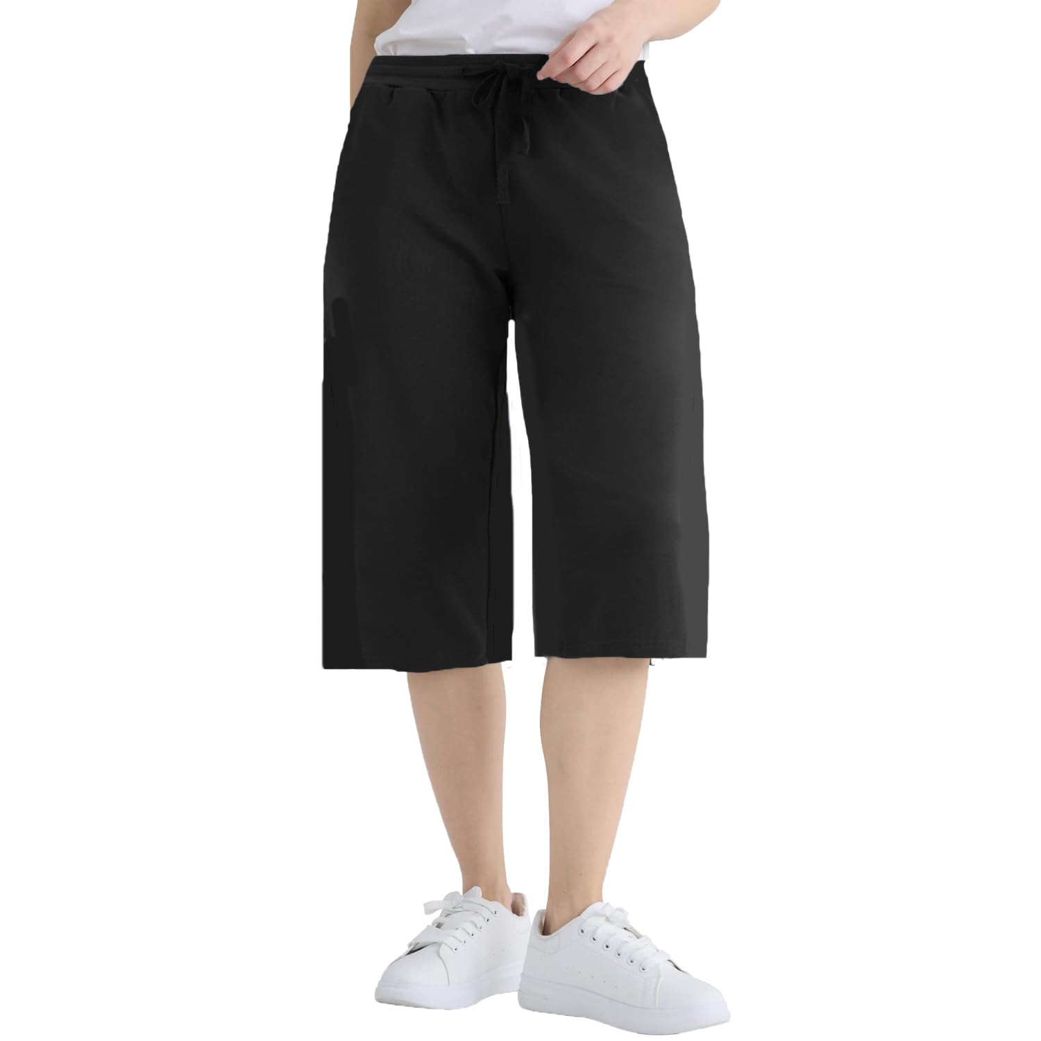 Womens Solid Regular Fit Cotton Capri Pyjama Pants with Elastic & Drawstring Waist Capri