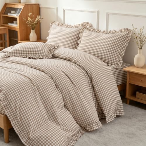 Image of Nayoroom Gingham Duvet Cover Queen Size Tan Brown Ruffle Plaid Checkered Duvet Cover 3 Pieces Soft Washed Microfiber Vintage Farmhouse Dorm Bedding Set Gifts for Women Men