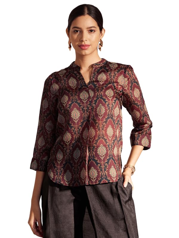 fablestreet Chanderi Indian Motifs Pleated Top - Maroon-picture-55