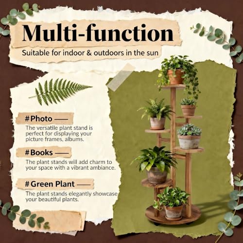 Image of GEEBOBO 5 Tiered Tall Plant Stand for Indoor | Wood Plant Shelf Corner Display Rack, Multi-tier Planter Pot Holder Flower Stand for Living Room Balcony Garden Patio, Brown