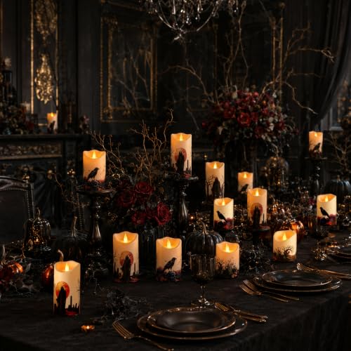 Image of Artmarry Halloween Flameless Candles 4 inch 5 inch 6 inch Set of 3 Outdoor Indoor | Pillars Battery Operated Flickering Candles with Cozy Climbing Flame Effect ,10-Key Remote Timer, Plastic LED Candles