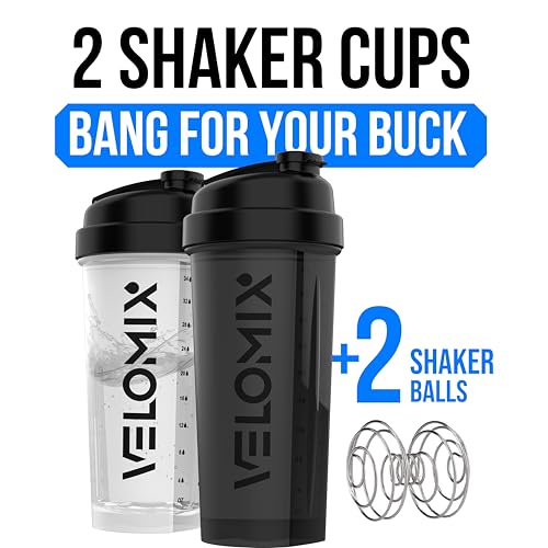 Image of VELOMIX -3 PACK- 28 oz Protein Shaker Bottle for Protein Mixes - 3x Wire Whisk | Leak Proof Shaker Cups for Protein Shakes | Stackable Protein Shaker Bottle Pack (Black Mix)