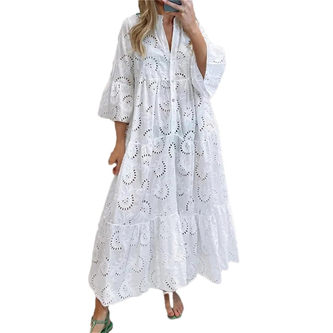 Adhdyuud Women V-Neck Flare Sleeve Long Dresses Spring Casual Solid Hollow Out Large Swing Dress