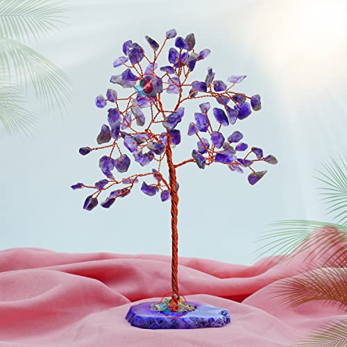 Image of REMEDYWALA Charged Amethyst Crystal Tree with Agate Slice Base for Reiki Healing (100 Beads)