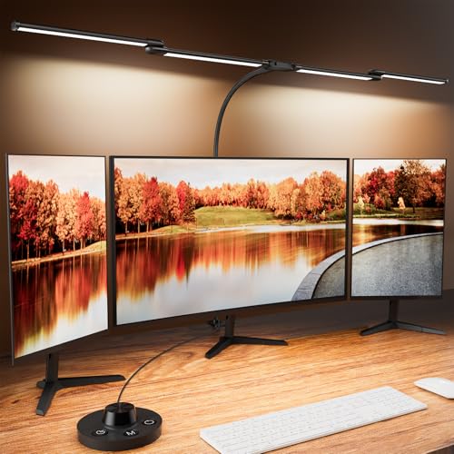 BINNIWEN Desk Lamp Clamp Light 24W, Ultra Wide 4 Head Bars, 5 Color Modes Dimming, Multi-Screen Setup Desk Light for Office, Architect (Black, Adapter Included)