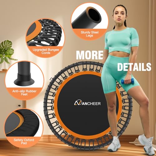 Image of ANCHEER 48 inch Foldable Mini Trampoline,Max Load 550lbs Indoor Trampoline,with 4 Level Adjustable Foam Handle and Resistance Bands,Adult Exercise Trampoline for Home, Garden, and Gym Dark Orange