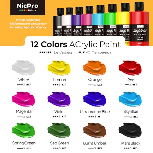 Image of Nicpro 12 Colors Large Bulk Acrylic Paint Set for Artist (8.45 oz, 250 ml) | Rich Art Painting Supplies, Non Toxic for Multi Surface Craft Rock Canvas Wood Ceramic Leather Fabric, for Adult Beginners