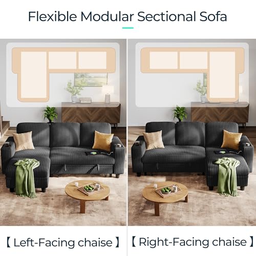 Image of LINSY HOME Sectional Sleeper Sofa with Pull Out Couch Bed - Convertible Plush Corduroy Cloud Couch with Storage Chaise & USB Charging, Comfy L Shaped Modular Couches for Living Room Apartment, Black
