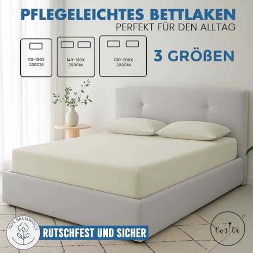 Cozita Basics Spannbettlaken 140x200cm - 100% Baumwoll Jersey Bettlaken, Öko-Tex Zertifiziert, bis 25 cm Matratzenhöhe – Natur – Ansicht 2