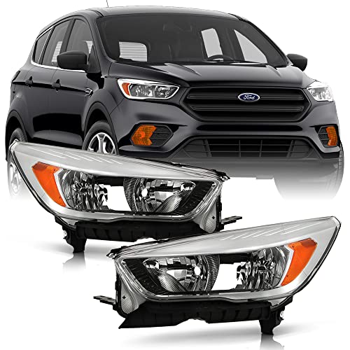 ACANII - For [Halogen w/o LED DRL Model] 2017-2019 Ford Escape Chrome Headlights Headlamps Pair Replacement Left+Right