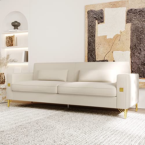 Lostcat Velvet Sofa Couch Mid Century Modern Upholstered 3-Seater Loveseat With 2 Pillows And Armrest For Living Room, Apartment And Small Space, Cream White #TOP24