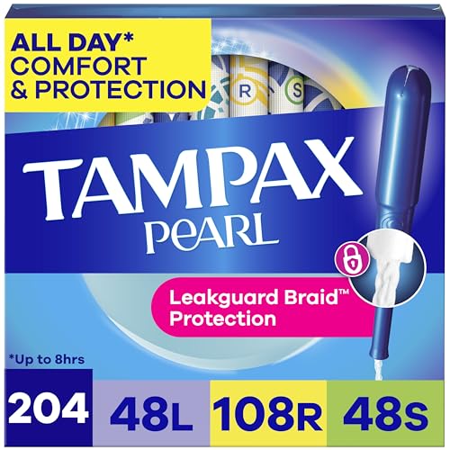 Image of Tampax Pearl Plastic Tampons for Women Multipack, with LeakGuard Braid, Light /Regular /Super Absorbency, Unscented, 204 Count (6 Packs of 34)