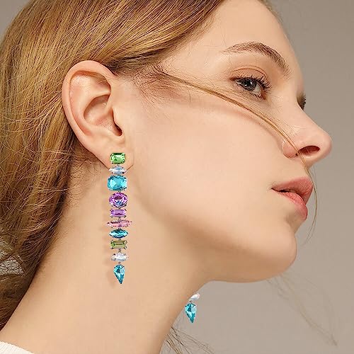 Statement Gemstone Earrings Multicolor Crystal Earrings for Women Brides Drop Earrings Wedding Earrings Colorful Sparkly Rhinestone Dangle Long Earrings for Party Prom2