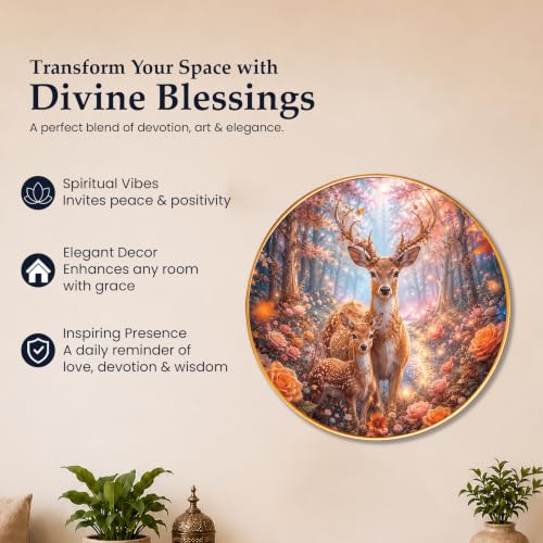 Image of PAINTINGMANTRA Golden Deer Family Vastu Framed Wall Art Painting For Living Room, Symbol of Prosperity, Family Harmony Wildlife Poster with frame for Wall, Decoration item for bedroom & Home, 16 Inch