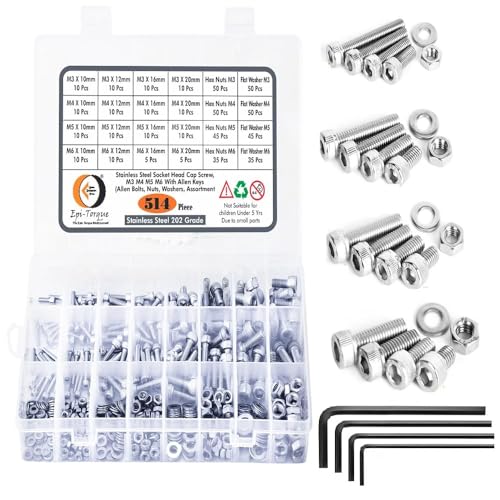 Image of Epi-Torque M3 M4 M5 M6 Stainless Alloy Steel 202 Grade Socket Head Cap Screws Nuts Allen Bolt Washer with Allen Keys Assortment Kit Set with Storage Box Pack of 514 Pcs