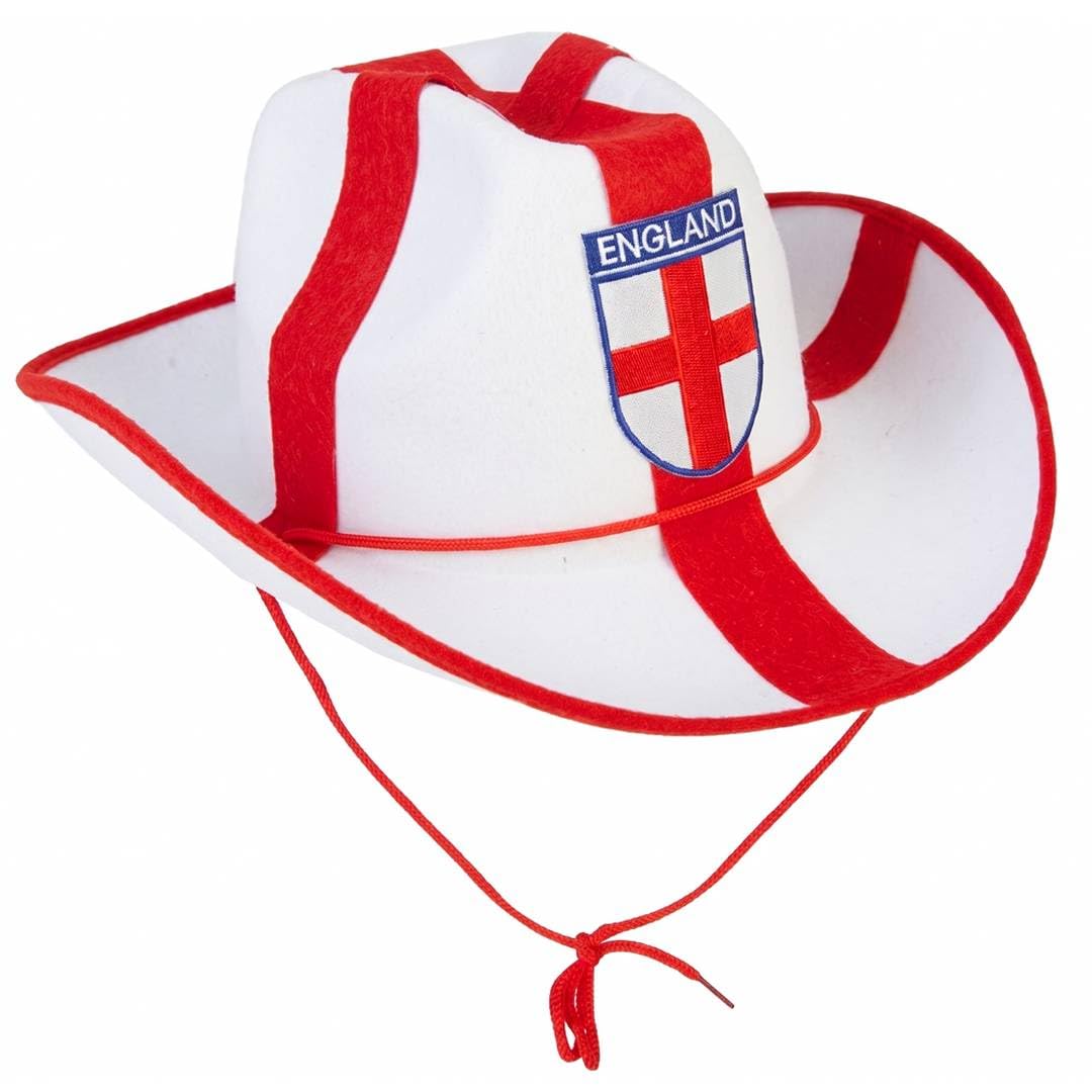 England Cowboy Hat - Pack Of 1 - St George Cross Western Fancy Dress Hat English Flag Party Accessory for Rugby Cricket Football World Cup Euros St George’s Day Festivals and Sporting Events
