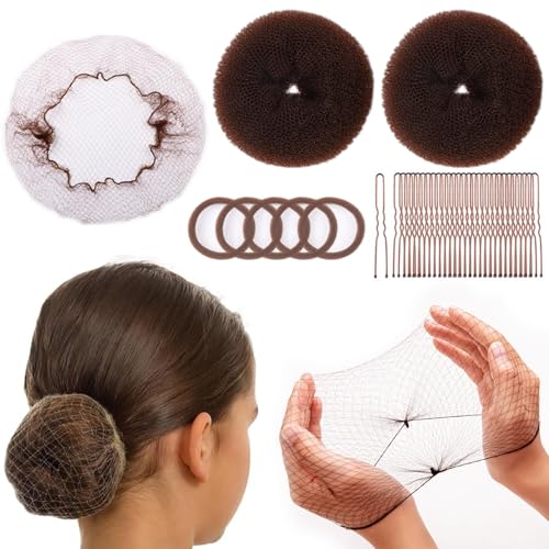 Hair Bun Maker Kit for Kids - 2pcs Small Hair Donut Shapers, 10pcs Small Invisible Hair Nets, 20pcs Bobby Pins For Buns, 5 Hair Bands, Brown