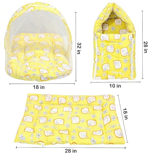Image of Fareto Combo of Baby Mattress with Net | Carry Bag | 4 Pcs Bedding Set(0-6 Months) (Yellow)