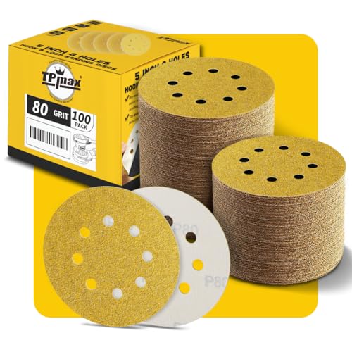 100PCS 5 Inch 80 Grit 125mm 8 Hole Sanding Discs Sandpaper - Premium Gold Round Hook and Loop for Random Orbital Sander - Ideal for Wood Metal Automotive