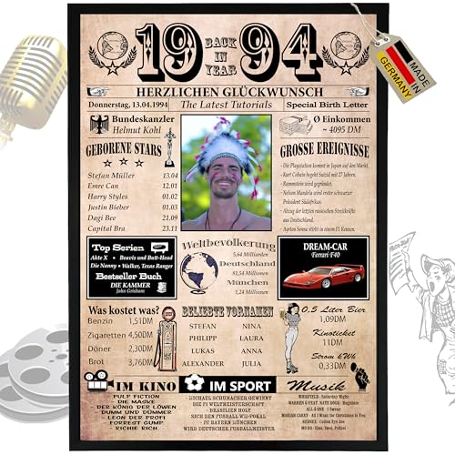 DUOMIO Zum 31. Geburtstag | 1994 – 6 Felder PERSONALISIERBAR! Back in Year 1994 – Jahreschronik zum 31. Geburtstag für Frauen & Männer – Ausdruck auf 400g/qm Premium Papier DUOMIO Zum 31. Geburtstag | 1994 – 6 Felder PERSONALISIERBAR! Back in Year 1994 – Jahreschronik zum 31. Geburtstag für Frauen & Männer – Ausdruck auf 400g/qm Premium Papier