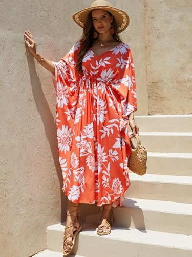 Image of Moss Rose Kaftan Dresses for Women V Neck Summer Swimsuit Cover up Caftan Maxi Beach Dresses