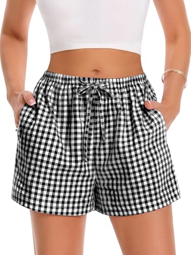 Women Boxer Shorts Comfy Gingham Drawstring Pajama Bottom Plaid Casual Pants with Pocket(Black M)