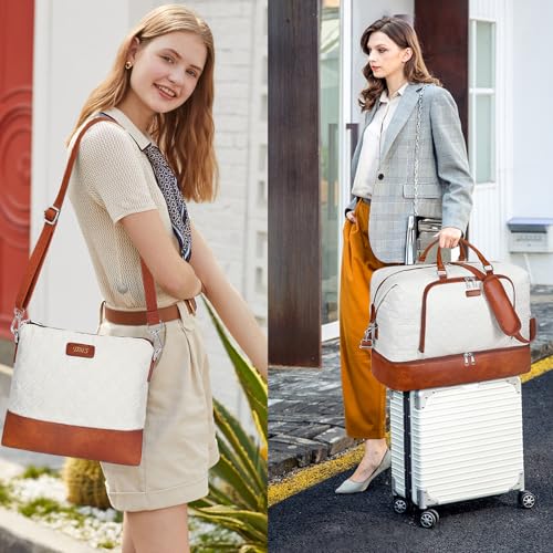 Image of Travel Weekender Bag for Women, Overnight Bag with Shoe Compartment, Oversized Travel Duffel Bag Carry On Tote with Trolley Sleeve 21 inch for Weekend Travel Business Trip, White Houndstooth 3pcs, Large