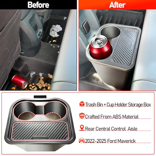 Image of Cup Holder Trash Can for Ford Maverick Accessories 2022-2026 Multi-Function Garbage Cans with Extra Rear Storage Box & Easy Removal Trash Bin with Cup Holder, Extra Rear Storage Box