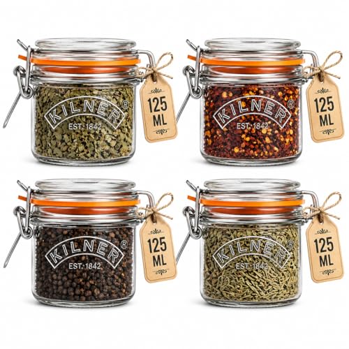 Image of Kilner Premium 4 x 125ML Clip Top Airtight Round Glass Food Storage Jar | Multipurpose BPA Free, Reusable Kitchen Container for Storage for Herbs, Spices