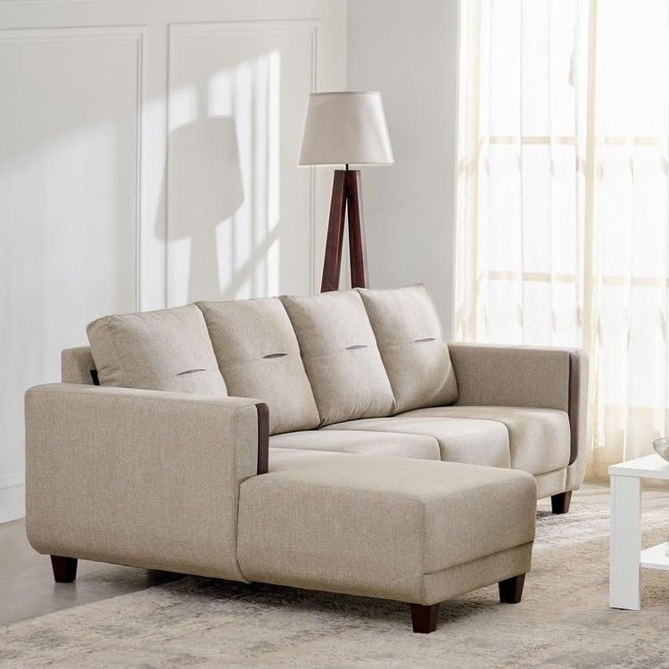 Home Centre | Berry Fabric 3-Seater Sofa with Left Chaise | L Shape Sofa for Living Room | Solid Wood | Beige | 2 Year Warranty