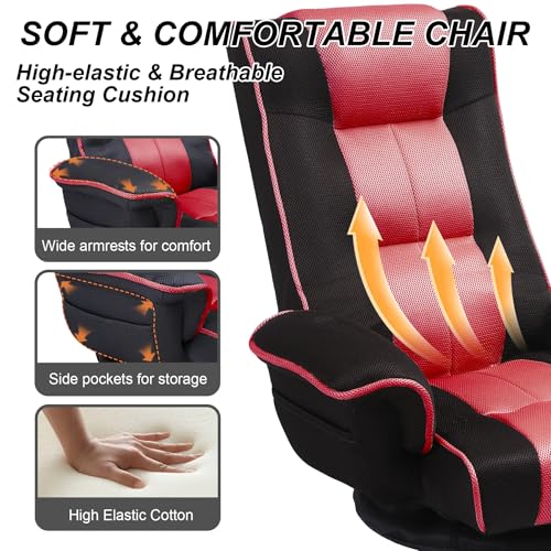 Image of Swivel Floor Chairs for Adults, Floor Gaming Chair with Extra Wide Arms, Back Support 14 Angles Adjustable Comfortable Double Mesh Fabric Lazy Sofa for Video Game Chairs 201 (Black+Red)