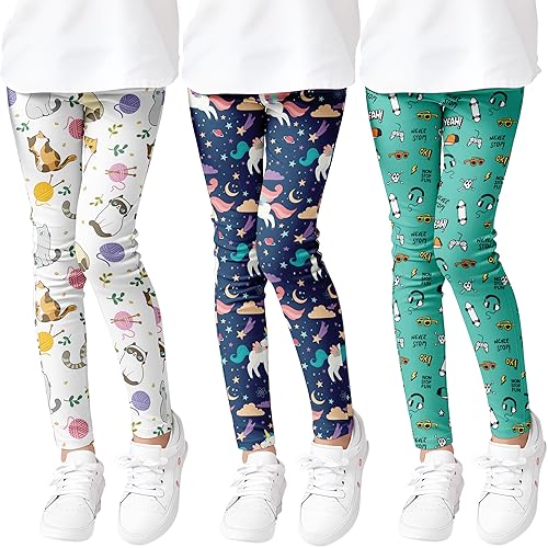 Girls' 3-Pack Printed Leggings Toddlers Active Stretch Leggings Little Kids Yoga Pants 3-10 Years