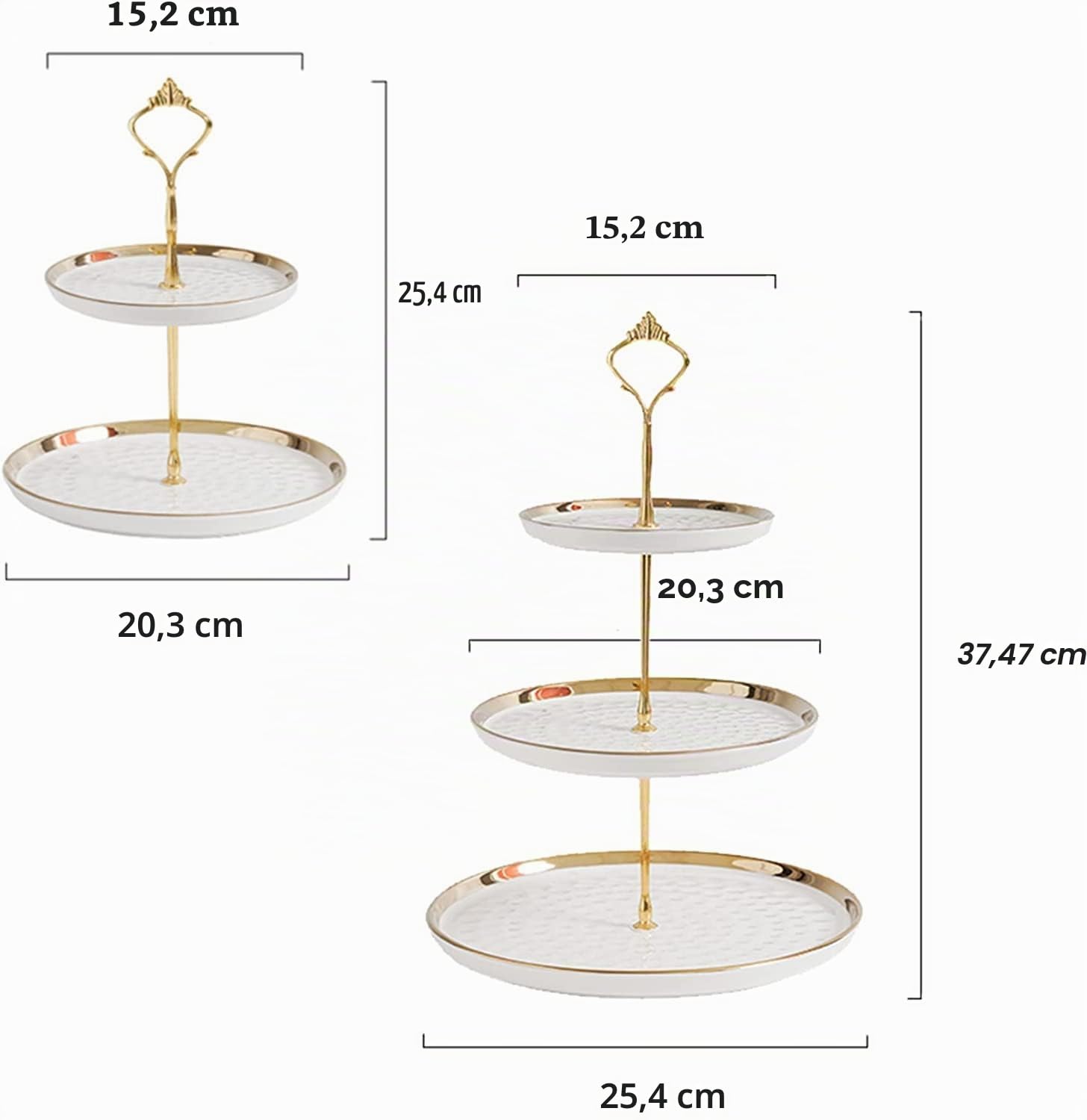 Set di 2 alzate rotonde in porcellana per cupcake a più livelli, piatti da dessert con asta dorata, 3 livelli e 2 ripiani per torte, vassoi da portata per feste, frutta, pasticceria (bianco)