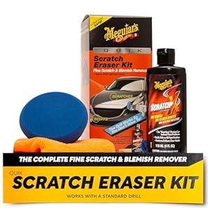 Meguiar’s Quik Scratch Eraser Kit, Car Scratch Remover for Repairing Surface Blemishes, Car Care Kit with ScratchX, Drill-Mounted Pad, and Microfiber Towel, 4 Count