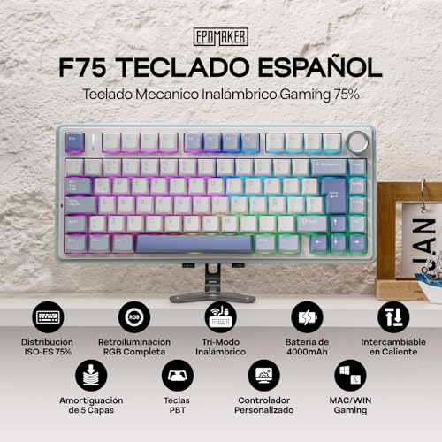 Image of EPOMAKER Aula F75 ISO-ES Wireless Mechanical Gaming Keyboard, 75% Spanish Layout with Knob, Creamy Gasket, Sound-Dampening, RGB, Hot-Swap, BT /2.4Ghz (Sea Salt Blue)