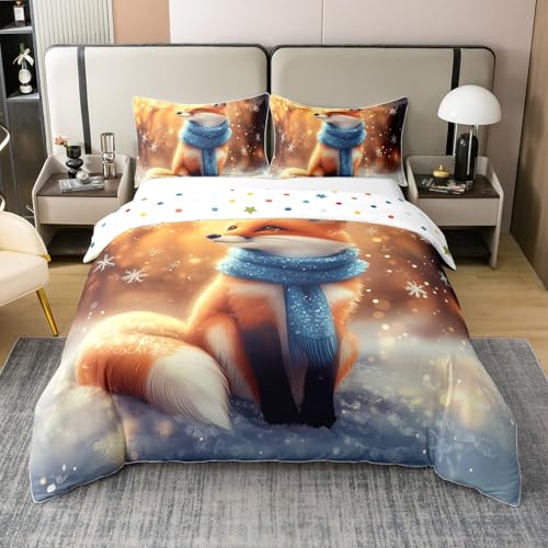 100% Natural Cotton Fox Duvet Cover Queen Size for Kids Boys,Winter Cartoon Animals 3 Pieces Duvet Cover,New Year Fox Farmhouse Style Comforter Cover (Not Comforter),Dreamy Snow Night Quilt Cover