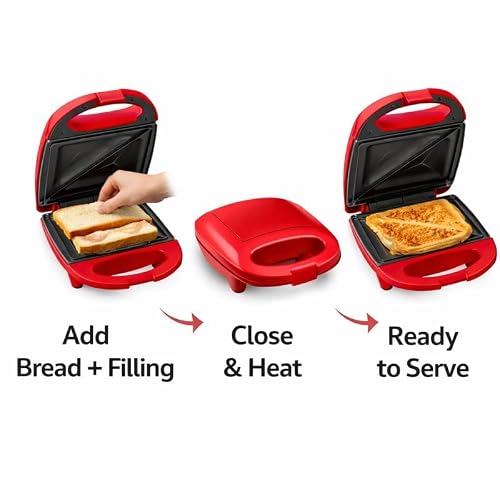Sandwich Maker Grill 520W, Compact Panini Press for Hot Sandwiches, Quick Heating Contact Grill with Nonstick Plates, Indicator Lights, Easy Clean, Red