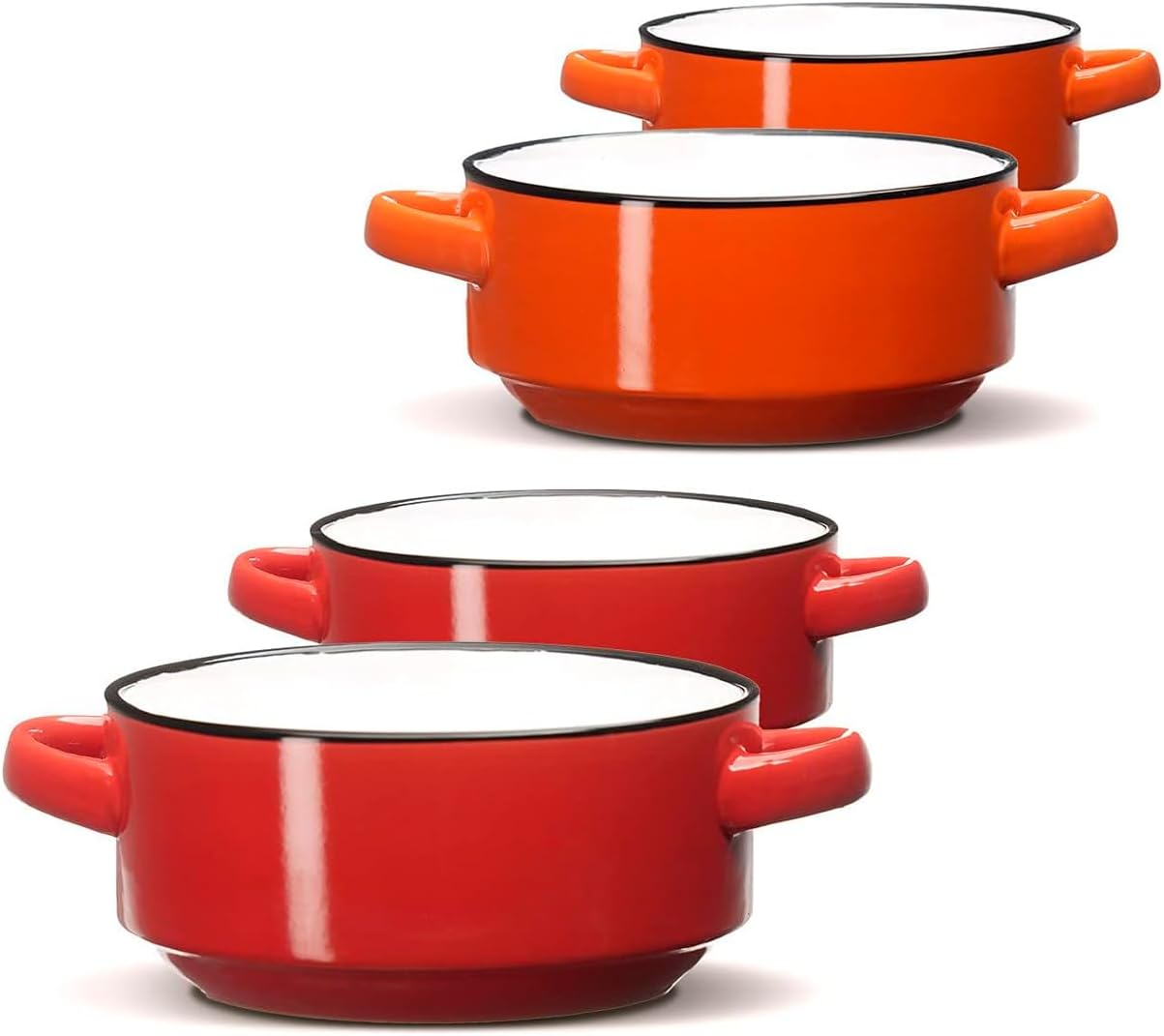 Baking Serving Soup Bowls - 16 Ounce - 2 Red and 2 Orange Ceramic Bowls