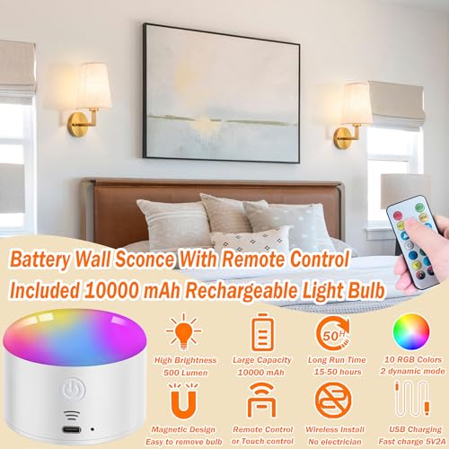 Image of Wall Sconce Battery Operated Wall Light Fixure with Remote Control, Dimmable Battery Operated Wall Sconces Set Of Two, Indoor Wireless Wall Mounted Lamp with Rechargable Bulb For Bedroom Living Room (