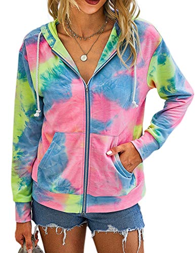 Hibluco Women's Tie Dye Long Sleeve Zip-Up Hoodie Jacket Drawstring Sweatshirt Coat With Pockets