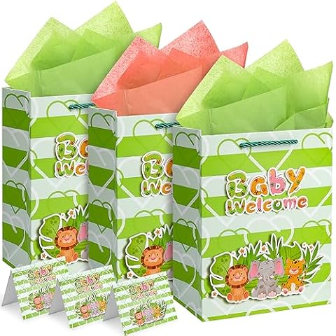 BALDCC 9" Medium Baby Gift Bags for Boy Girl Cute Animal Design with Handles, Tissue Papers, Envelope and Card for Baby Shower, Newborn, New Parents, 3-Pack(Green) Cover