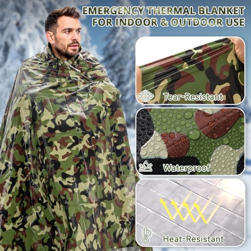 Image of SecuCaptain Survival Emergency Thermal Blankets: Thicken 28um Space Mylar Blanket Kit for Outdoor Cold Winter Camping, Hiking, Car Bug Out Bag, or First Aid - Woodland Camo 4 Pack