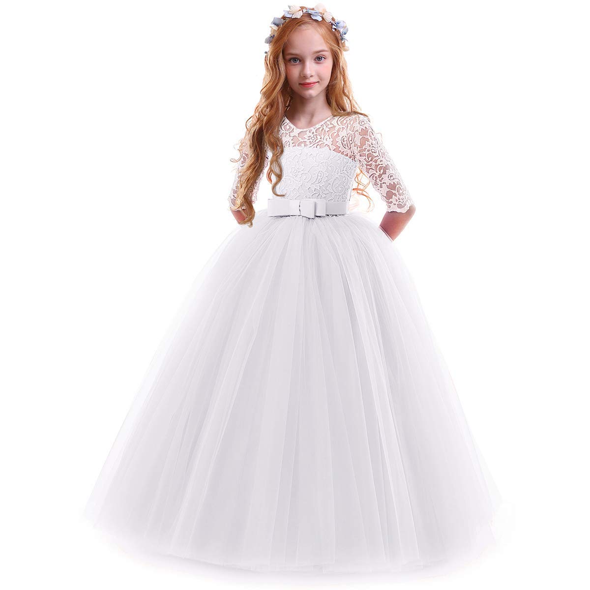 JiAmy Abito Bambina Manica Lunga Elegante E Casuale – A-Line Midi Con Gonna A Doppio Strato, Per Festa E Compleanno, Colore Bianco (Età 5-13 Anni)