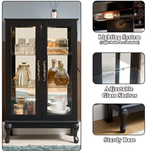 Image of 43 inch H Lighted Wooden Curio Cabinet, Freestanding Glass Display Case with Tempered Glass Door, Adjustable Shelves and Mirrored Back Panel, Decorative Storage Cabinet for Living Room (Black)