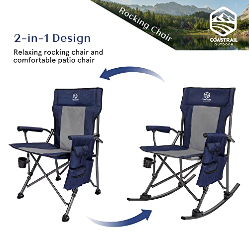Coastrail Outdoor Folding Rocking Camping Chair High Back Padded Lawn Chair With Foldable Cup Holder, Side Storage, Back Pocket For Camping Hiking Heavy Duty 350Lbs Weight Capacity, Navy #TOP7