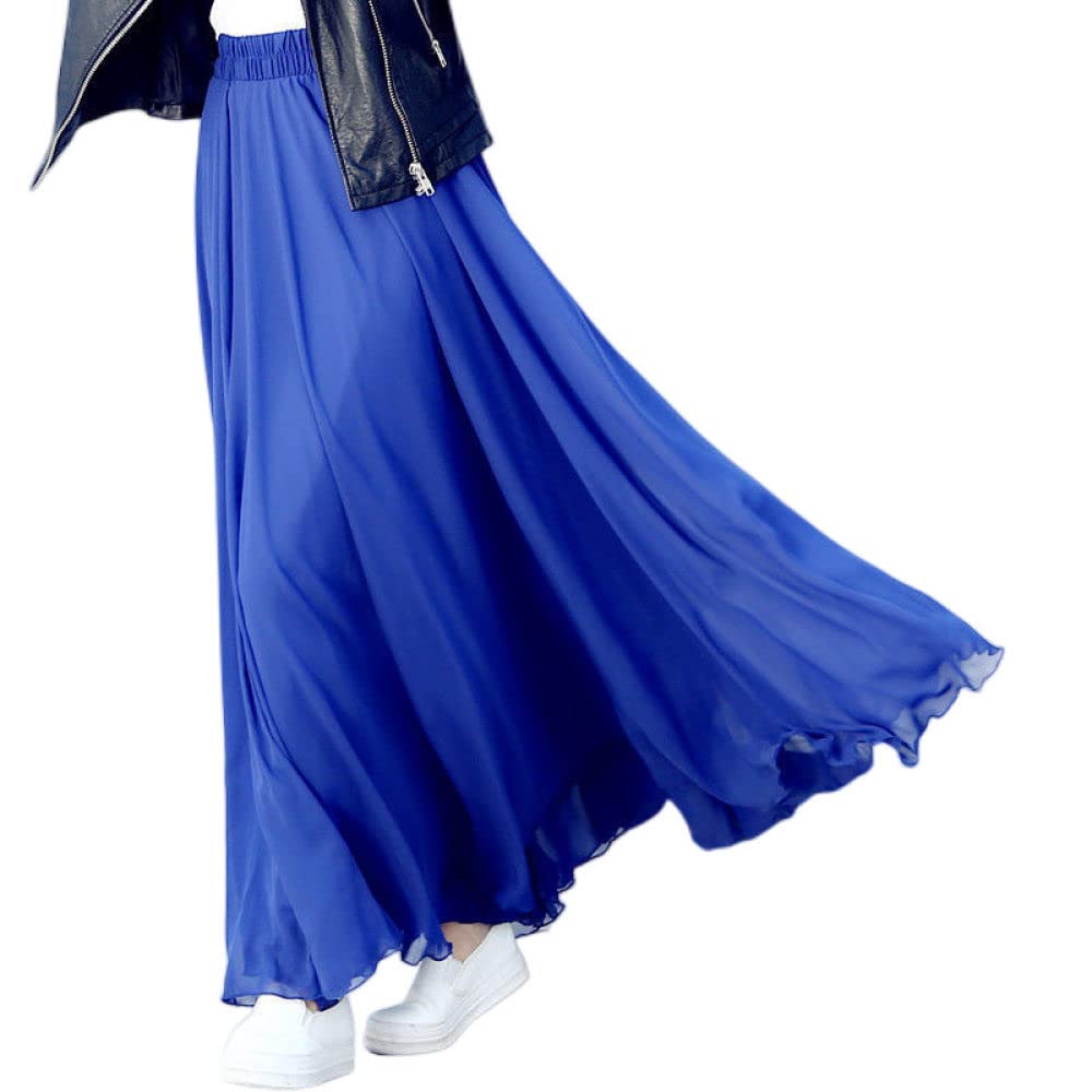 Gonne Da Donna,Gonna Longuette In Chiffon A Strati Da Donna Blu Reale Gonna A Pieghe Con Volant Elastico A Vita Alta A-Line Large Swing Increspato Beach Dance Party Gonne Lunghe Per Ragazze Ladies,L