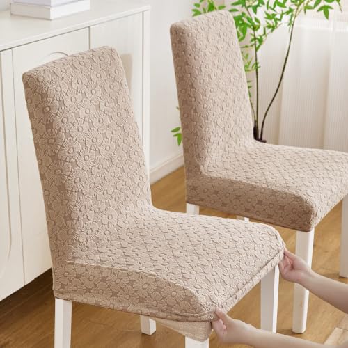 Image of HOMETHREADS Elastic Jacquard Chair Cover Stretch Removable Washable Short Dining Chair Cover Protector Seat Slipcover (D Beige, Pack of 6)