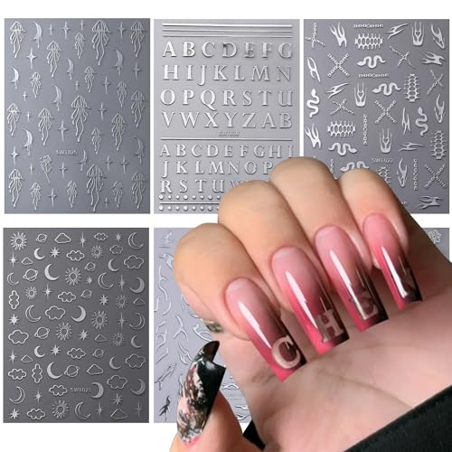 Vezocim Silver Nail Art Stickers Decals 3D Sun Moon Star Cloud Letter Line Snowflake Nail Self-Adhesive Sticker Designs Holographic Silver Nail Art Decals Supplies for Women Manicure Art Decorations